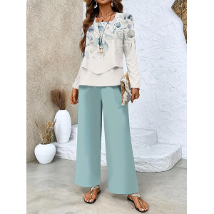 Women Floral Printing Two-Piece Set Daily Long Sleeve Casual Spring/Fall Top With Pants Matching Set