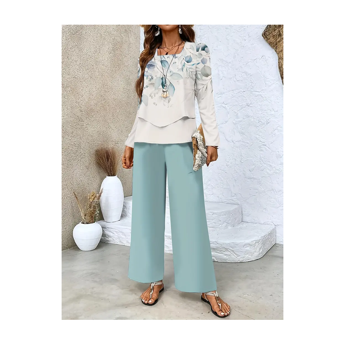 Women Floral Printing Two-Piece Set Daily Long Sleeve Casual Spring/Fall Top With Pants Matching Set