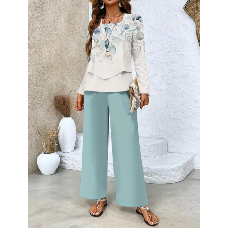 Women Floral Printing Two-Piece Set Daily Long Sleeve Casual Spring/Fall Top With Pants Matching Set