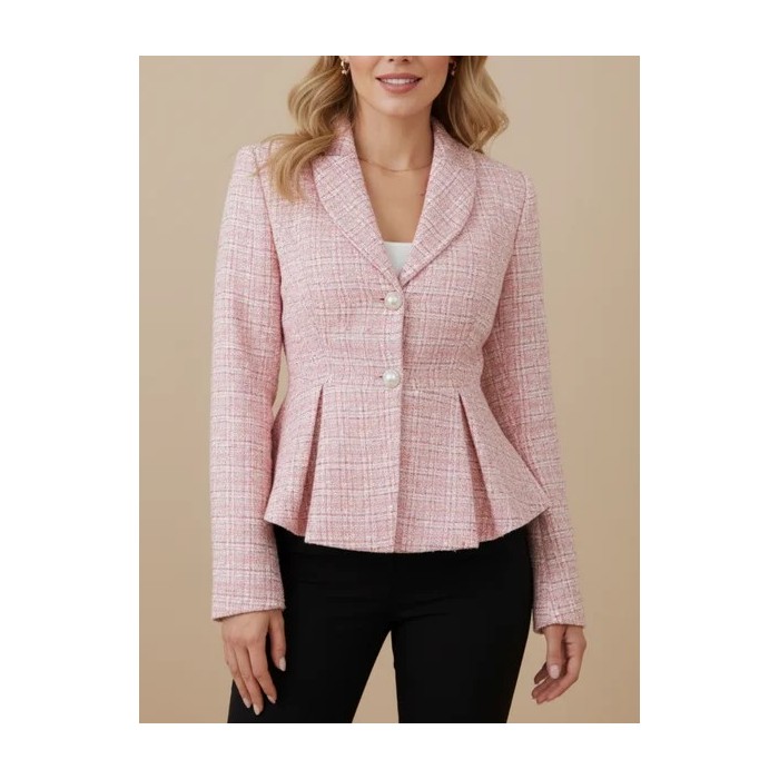 Women Plaid Jacquard Long Sleeve Lapel Collar Casual Spring/Fall Jacket Outerwear