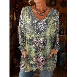 Women Heart/Cordate Long Sleeve Tee T-shirt V Neck Printing Vintage Spring/Fall Top