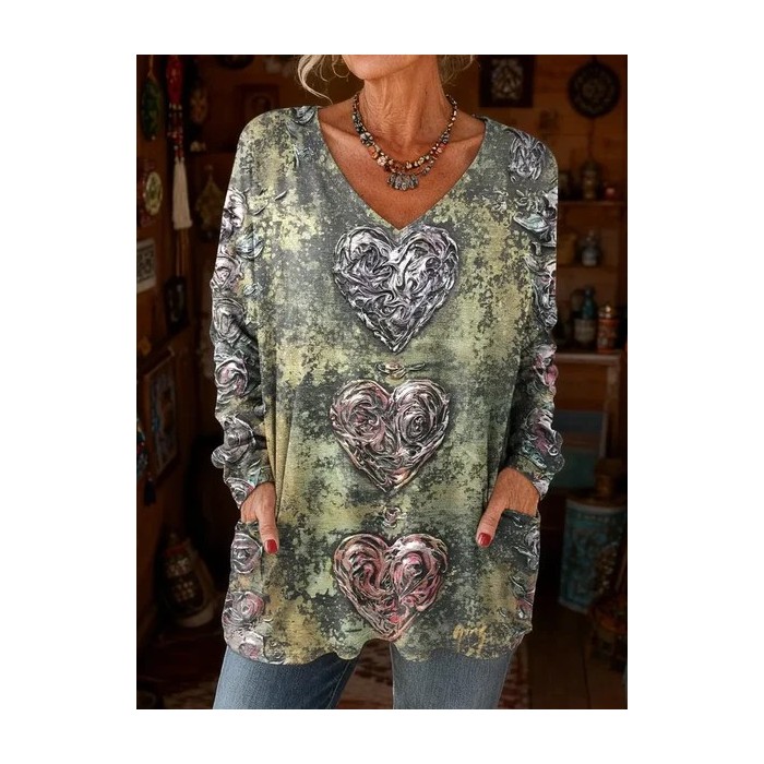 Women Heart/Cordate Long Sleeve Tee T-shirt V Neck Printing Vintage Spring/Fall Top