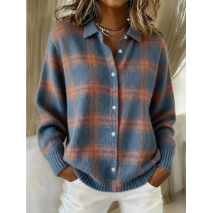 Women Plaid Printing Long Sleeve Shawl Collar Vintage Spring/Fall Cardigan Outerwear