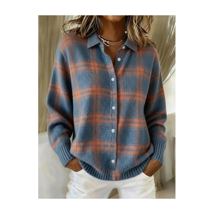 Women Plaid Printing Long Sleeve Shawl Collar Vintage Spring/Fall Cardigan Outerwear