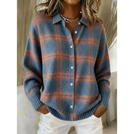 Women Plaid Printing Long Sleeve Shawl Collar Vintage Spring/Fall Cardigan Outerwear