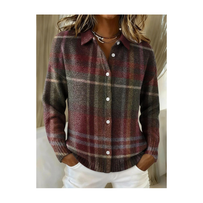 Women Plaid Printing Long Sleeve Shawl Collar Vintage Spring/Fall Cardigan Outerwear