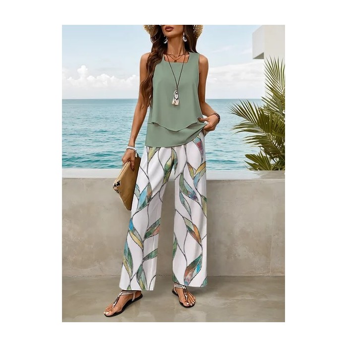 Women Floral Printing Two-Piece Set Daily Sleeveless Casual Summer Top With Pants Matching Set