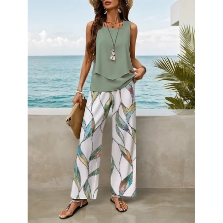Women Floral Printing Two-Piece Set Daily Sleeveless Casual Summer Top With Pants Matching Set