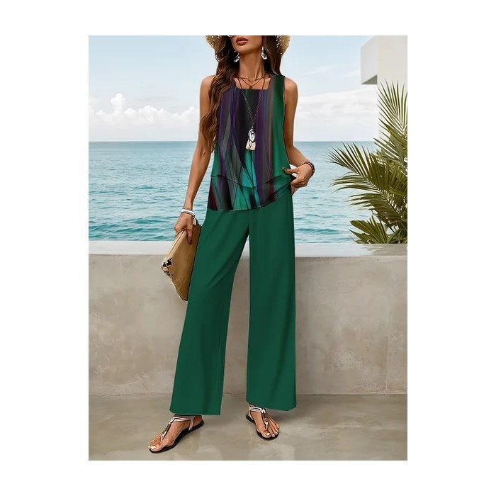 Women Abstract Printing Two-Piece Set Daily Sleeveless Casual Summer Top With Pants Matching Set