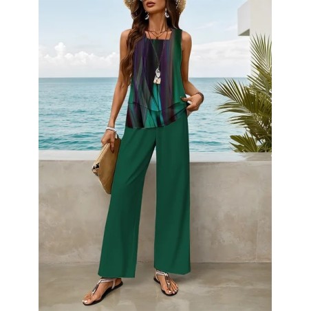 Women Abstract Printing Two-Piece Set Daily Sleeveless Casual Summer Top With Pants Matching Set