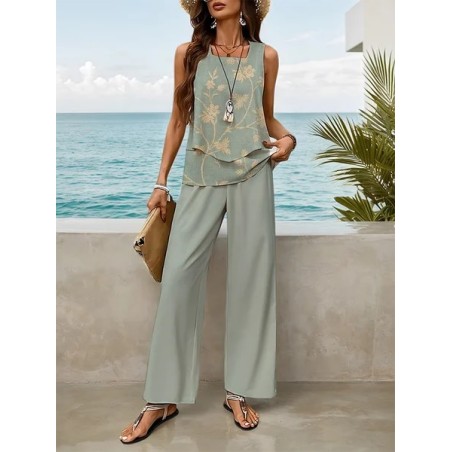 Women Floral Printing Two-Piece Set Daily Sleeveless Casual Summer Top With Pants Matching Set