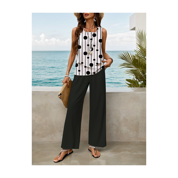 Women Polka Dots Printing Two-Piece Set Daily Sleeveless Casual Summer Top With Pants Matching Set