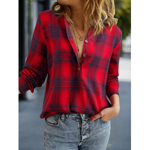 Women's Long Sleeve Shirt Spring/Fall Blue Plaid Split Joint V Neck Daily Going Out Casual Top