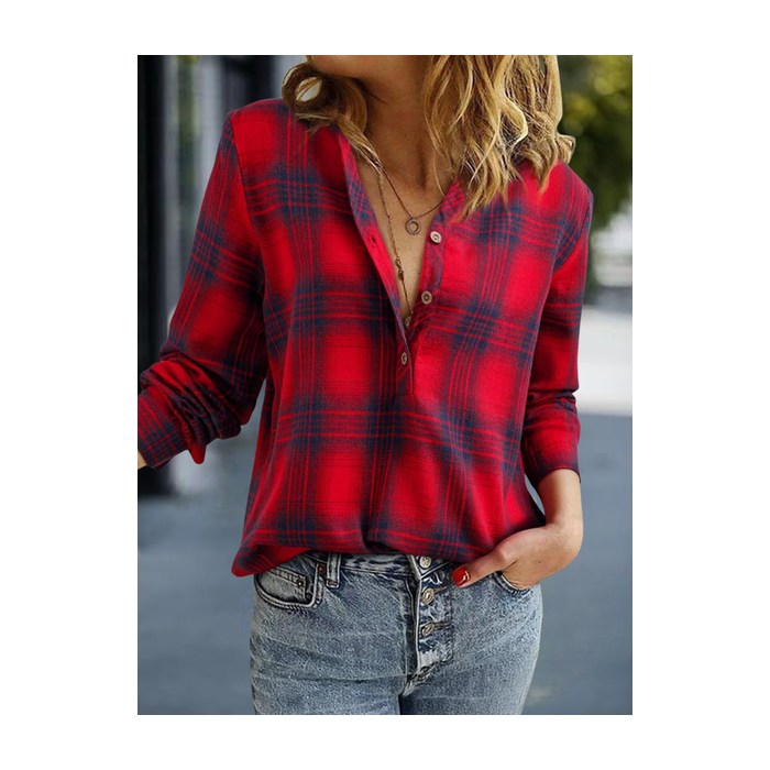 Women's Long Sleeve Shirt Spring/Fall Blue Plaid Split Joint V Neck Daily Going Out Casual Top