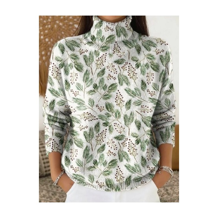 Women Floral Vintage Long Sleeve Turtleneck Winter Sweater