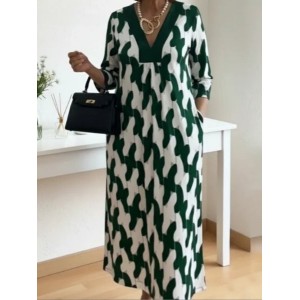 Women Geometric Long Sleeve V Neck Printing Dress Daily Vintage Midi Shirt Dress A-Line Spring/Fall Dress