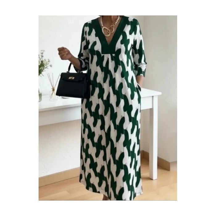 Women Geometric Long Sleeve V Neck Printing Dress Daily Vintage Midi Shirt Dress A-Line Spring/Fall Dress