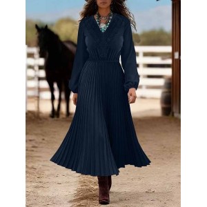 Women's Long Sleeve Spring/Fall Blue Plain Split Joint V Neck Daily Going Out Casual Maxi A-Line Shirt Dress Dress