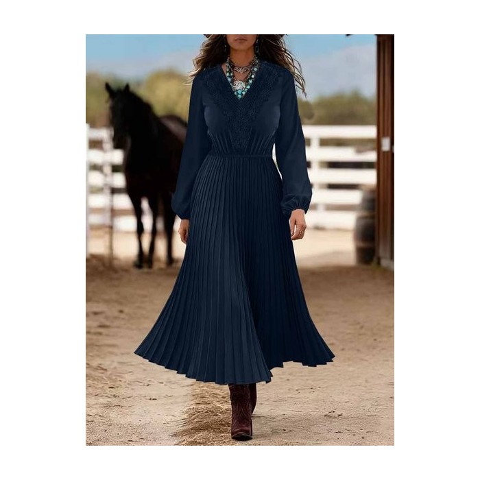 Women's Long Sleeve Spring/Fall Blue Plain Split Joint V Neck Daily Going Out Casual Maxi A-Line Shirt Dress Dress