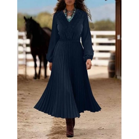 Women's Long Sleeve Spring/Fall Blue Plain Split Joint V Neck Daily Going Out Casual Maxi A-Line Shirt Dress Dress