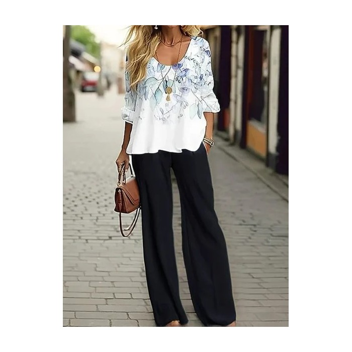 Women's Floral Printing Two-Piece Set Daily Long Sleeve Casual Spring/Fall Top With Pants Matching Set