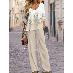 Women's Floral Printing Two-Piece Set Daily Long Sleeve Casual Spring/Fall Top With Pants Matching Set