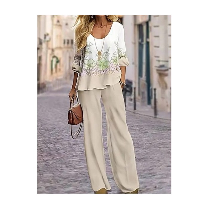 Women's Floral Printing Two-Piece Set Daily Long Sleeve Casual Spring/Fall Top With Pants Matching Set