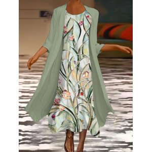 Women Floral Printing Two-Piece Set Daily Three Quarter Sleeve Casual Spring/Fall Dress With Coat Matching Set