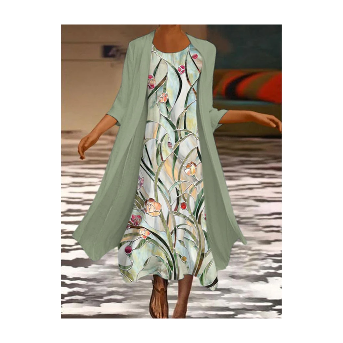 Women Floral Printing Two-Piece Set Daily Three Quarter Sleeve Casual Spring/Fall Dress With Coat Matching Set