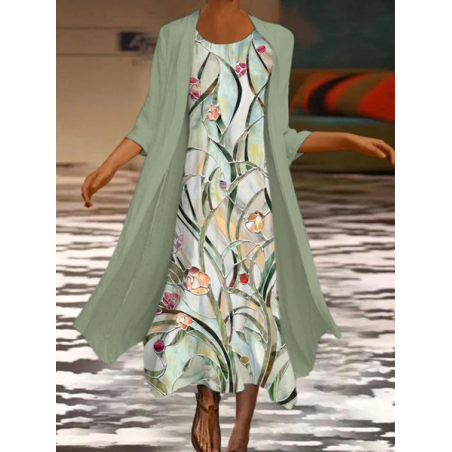 Women Floral Printing Two-Piece Set Daily Three Quarter Sleeve Casual Spring/Fall Dress With Coat Matching Set