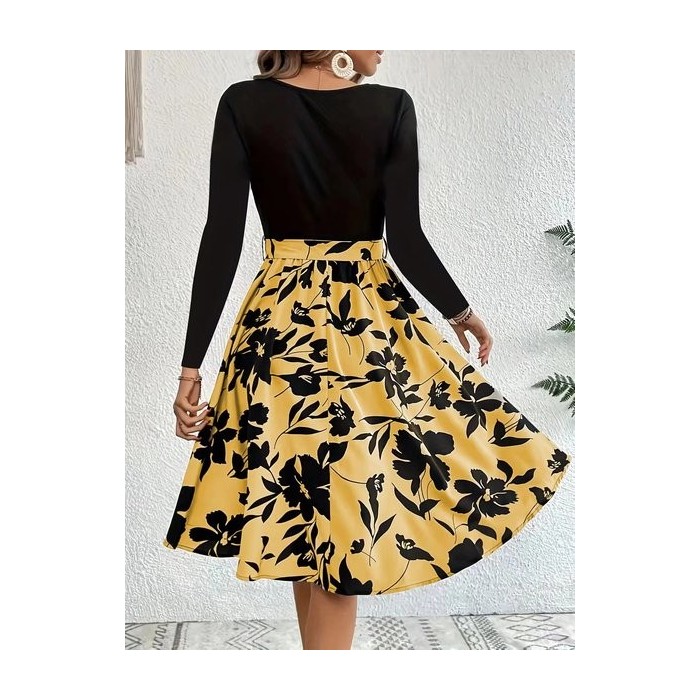 Women Floral Long Sleeve Spring/Fall Printing Dress Crew Neck Daily Vintage Mini Tank A-Line Dress