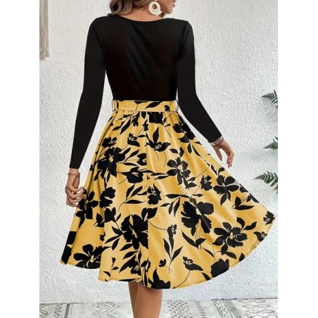 Women Floral Long Sleeve Spring/Fall Printing Dress Crew Neck Daily Vintage Mini Tank A-Line Dress