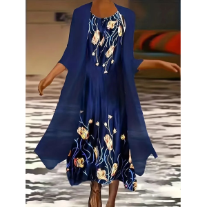 Women Floral Printing Two-Piece Set Daily Three Quarter Sleeve Casual Spring/Fall Dress With Coat Matching Set
