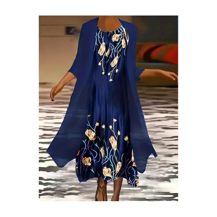 Women Floral Printing Two-Piece Set Daily Three Quarter Sleeve Casual Spring/Fall Dress With Coat Matching Set