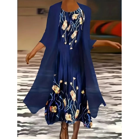 Women Floral Printing Two-Piece Set Daily Three Quarter Sleeve Casual Spring/Fall Dress With Coat Matching Set