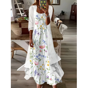 Women Floral Printing Two-Piece Set Daily Three Quarter Sleeve Casual Spring/Fall Dress With Coat Matching Set