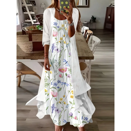 Women Floral Printing Two-Piece Set Daily Three Quarter Sleeve Casual Spring/Fall Dress With Coat Matching Set