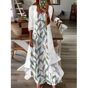 Women Floral Printing Two-Piece Set Daily Three Quarter Sleeve Casual Spring/Fall Dress With Coat Matching Set