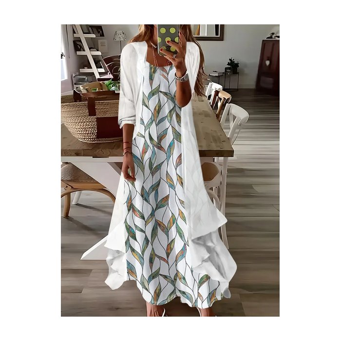 Women Floral Printing Two-Piece Set Daily Three Quarter Sleeve Casual Spring/Fall Dress With Coat Matching Set