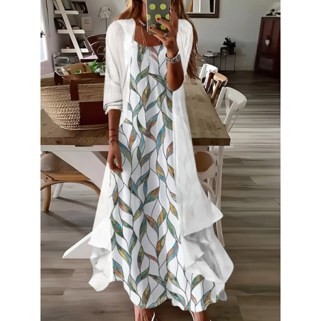 Women Floral Printing Two-Piece Set Daily Three Quarter Sleeve Casual Spring/Fall Dress With Coat Matching Set