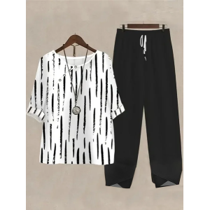 Women Striped Printing Two-Piece Set Daily Half Sleeve Casual Summer Top With Pants Matching Set