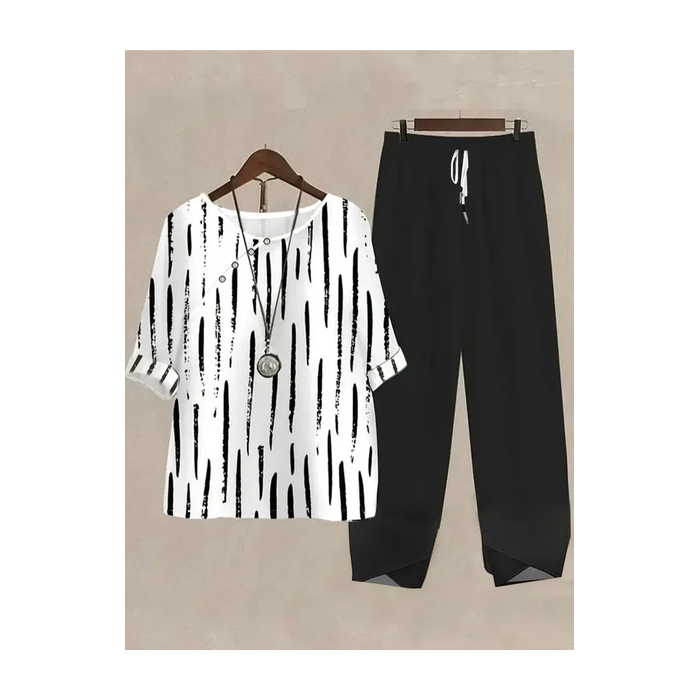 Women Striped Printing Two-Piece Set Daily Half Sleeve Casual Summer Top With Pants Matching Set