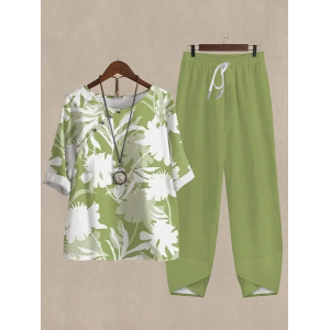 Women Floral Printing Two-Piece Set Daily Half Sleeve Casual Summer Top With Pants Matching Set
