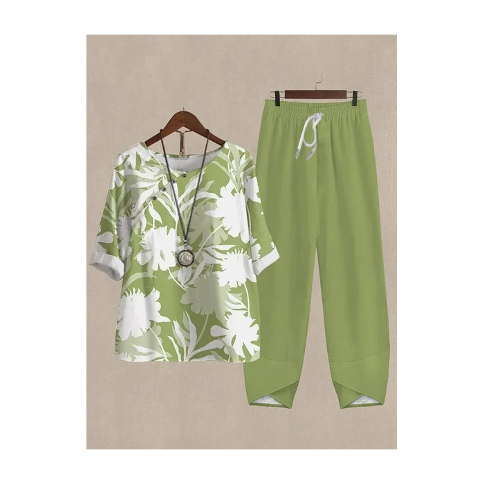 Women Floral Printing Two-Piece Set Daily Half Sleeve Casual Summer Top With Pants Matching Set