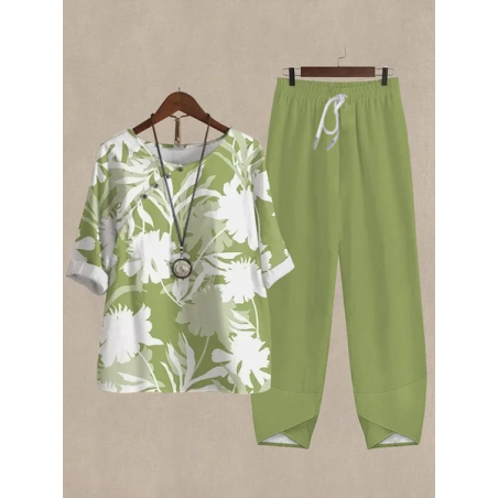 Women Floral Printing Two-Piece Set Daily Half Sleeve Casual Summer Top With Pants Matching Set