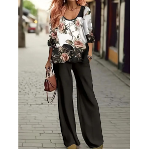 Women's Floral Printing Two-Piece Set Daily Long Sleeve Casual Spring/Fall Top With Pants Matching Set