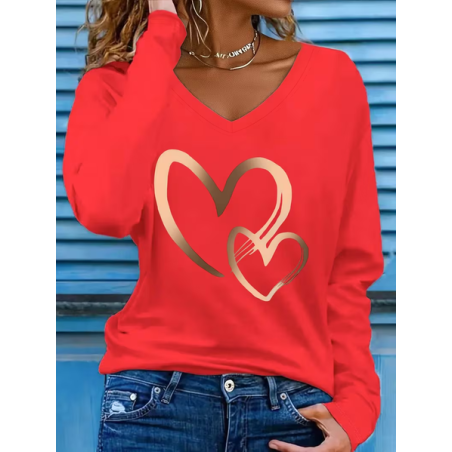 Women Heart/Cordate Long Sleeve Tee T-shirt V Neck Printing Casual Graphic Tee Spring/Fall Top