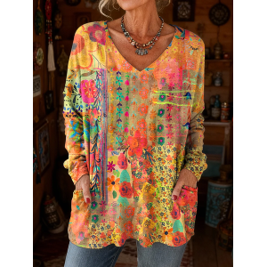 Women Floral Long Sleeve Tee T-shirt V Neck Printing Vintage Spring/Fall Top