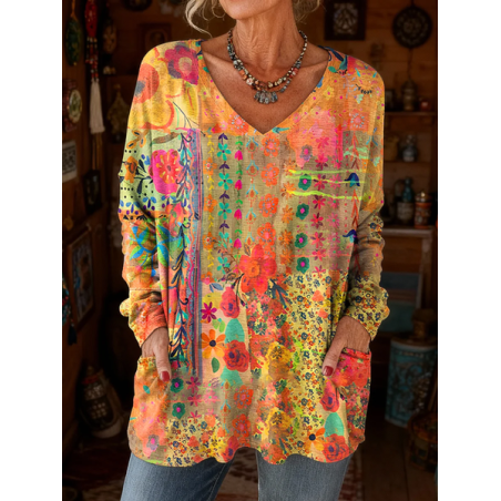 Women Floral Long Sleeve Tee T-shirt V Neck Printing Vintage Spring/Fall Top