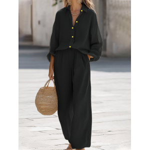 Women Plain Split Joint Two-Piece Set Daily Long Sleeve Casual Spring/Fall Top With Pants Matching Set